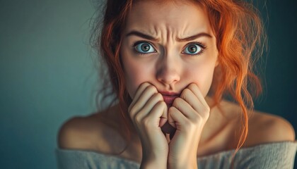 Young Anxious Girl Teenager Shows Signs Of Mental Stress And Anxiety Through Face Expressions Of Worry, Depression, And Nervousness.