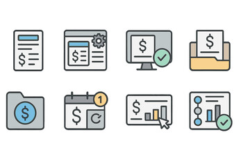Business and finance flat icon set. money, accounting, budgeting, and analysis collection