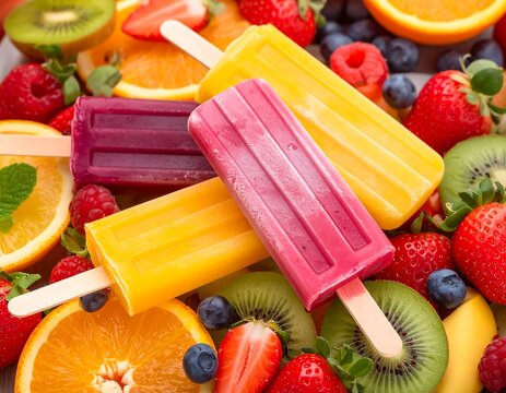 Colorful fruit popsicles surrounded by fresh fruit slices