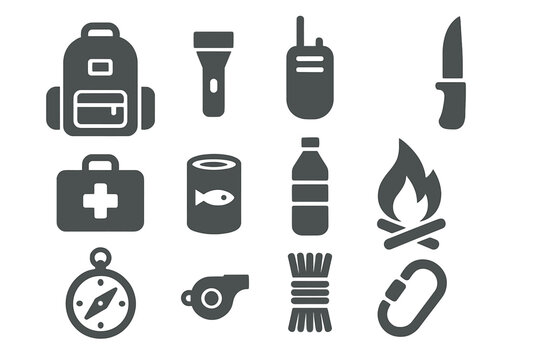 Camping essentials silhouette icon set. backpack, navigation, survival tools collection