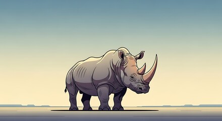 Fototapeta premium Stylized Rhinoceros Standing Alone in a Vast Landscape Illustration.