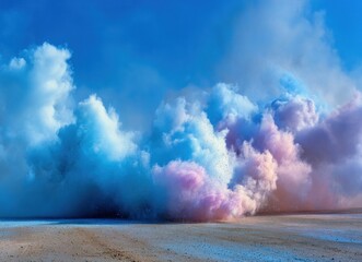 A vibrant cloud of multicolored smoke billows across a sandy surface under a bright blue sky, creating a surreal and dreamy atmosphere