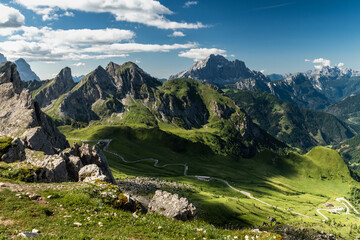 Passo Giau Surrounded by Green Meadows and Dolomite Peaks in Summer