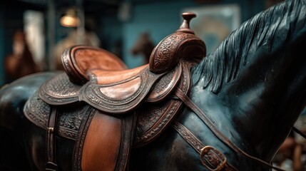 Ornate leather saddle on a dark horse sculpture