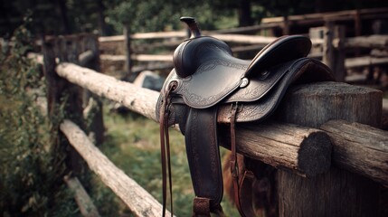 Dark brown leather saddle rests on rustic wooden fence