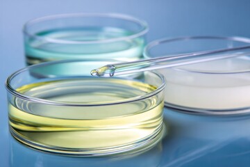 Scientific setup featuring three petri dishes filled with different colored liquids, with a pipette carefully dispensing a drop into the yellow-filled dish