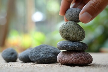 Hand placing stone on a stack of stones