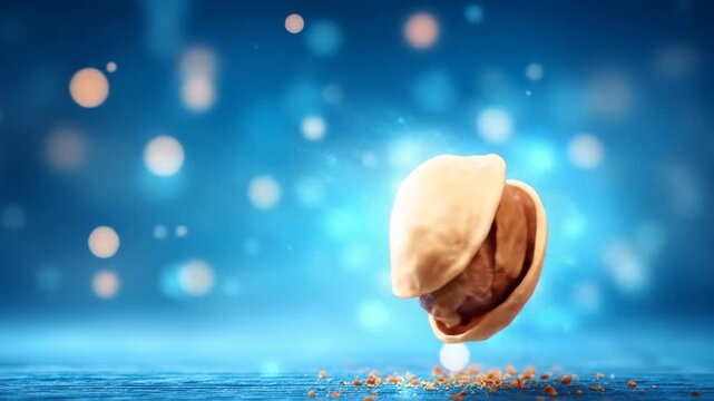 Macro shot of single floating pistachio nut with bokeh background with food concept.
