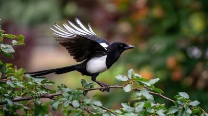 Black and White Bird with Open Wings Perched on Green Branch