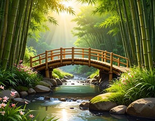 Sunlit bamboo forest with a bridge over a stream. Lush greenery, vibrant flowers, and a wooden arch bridge
