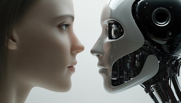 Contrast Between A Robot And A Man: Comparing Machines Vs Humans, Exploring Artificial And Natural Intelligence In Technology.