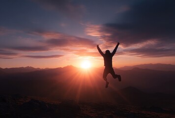 Silhouette of a person jumping in the air against a sunset over mountains, exuding joy and freedom. Sky is full of pink, orange and purple hues