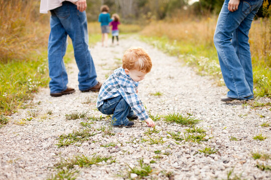 Little Toddler Boy Exploring Nature on Walk with Family