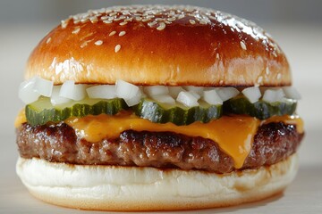 Juicy beef patty, melted cheese, pickles, onions on a sesame seed bun.