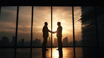 Two senior Asian executives shaking hands in a luxurious corner office.  Generative AI.