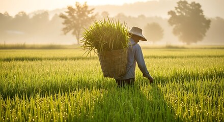 Farmer man Carrying Basket of Green Crops Walking in Sunny Rice Field at Dawn