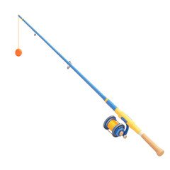 High quality photo of a colorful fishing rod and reel with a bobber isolated on transparent background