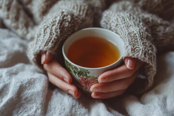 Hands holding a teacup, warm sweater, cozy blanket