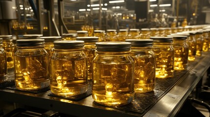 Glass jars filled with liquid on a factory line