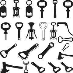 Collection of Various Bottle Openers Silhouettes, corkscrew svg, bottle opener silhouette isolated on a white background