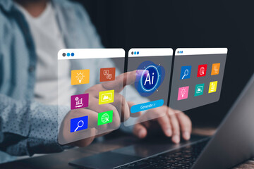 Businessman interacting with artificial intelligence software on a transparent futuristic screen, accessing various functions and generating content with innovative technology