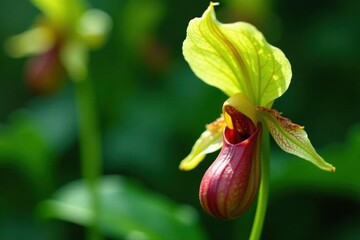 Close-up view of Paphiopedilum callosum bud, vibrant green foliage , orchid flower, orchid