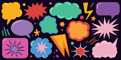 Colorful comic book style speech bubbles and explosion shapes on a dark background