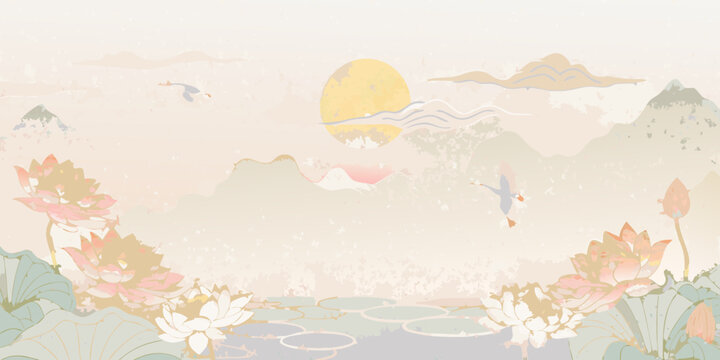 Fototapeta Serene east asian landscape with lotus flowers mountains sun and flying cranes in soft pastel colors