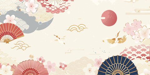 Traditional japanese art style background with cherry blossoms cranes and fans