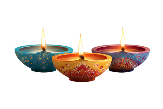 Three vibrant colorful diyas illuminated with flames arranged in a row for festive celebrations transparent background