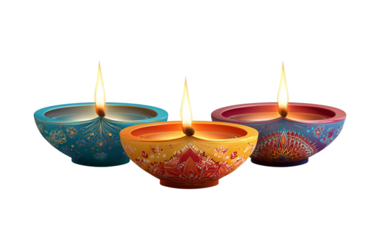 Three vibrant colorful diyas illuminated with flames arranged in a row for festive celebrations transparent background