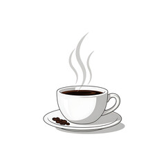 Obraz premium A steaming cup of coffee rests on a saucer with coffee beans.