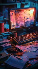 Messy Desk with Night Work, and Computer.