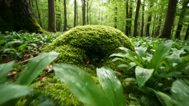 Wild Garlic Leaves Over Mossy Woodland Berm