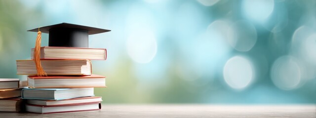A stack of books with a graduation cap on top set against a blurred light blue and green background, symbolizing education and achievement