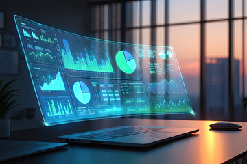 Advanced business intelligence dashboard where AI `response = client.models.generate_content` is visualized on a floating holographic screen in a modern office.