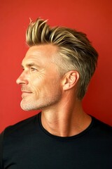 Obraz premium Red solid background. A radiant and poised man in a professional