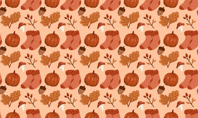 Seamless autumn pattern featuring pumpkins, leaves, and seasonal elements in warm earthy tones.