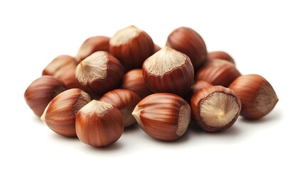 Obraz premium Close Up Hazelnuts Pile with Shells on White Surface Studio Shot Raw Hazelnuts Heap