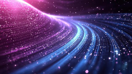 Obraz premium A vibrant, abstract image featuring flowing waves of light in shades of blue and pink, scattered with sparkling particles against a dark background.