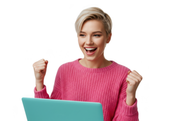 Joyful energetic young woman with short blonde hair celebrating success with laptop transparent background