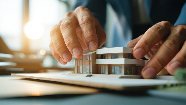 Close-up of an architect's hands adjusting a modern house architectural model on a table, with sunlight streaming through a window, symbolizing planning, construction, and real estate development