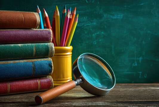 Stacked hardcover books, colored pencils in a yellow container, and a magnifying glass on a wooden surface, against a textured green background