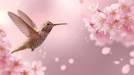 Fototapeta premium A hummingbird flies among soft pink cherry blossoms and falling petals, creating a serene and delicate nature scene with a blurred backdrop