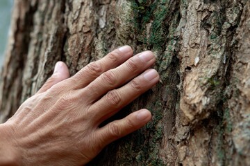 Close-up hand touching rough tree bark