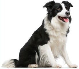 A Border Collie with black and white fur sits with a happy expression against a stark white background, tongue slightly out