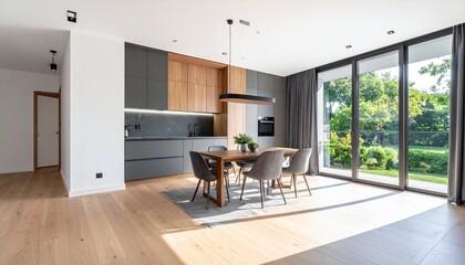 Bright, modern open-plan kitchen and dining area with sleek design, light wood floors, and large glass doors offering a serene view of a lush garden