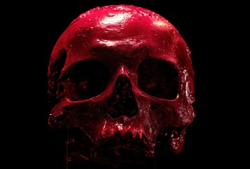 A skull illuminated in deep red against a black backdrop. Its rough texture and stark shadows evoke a sense of foreboding and mortality