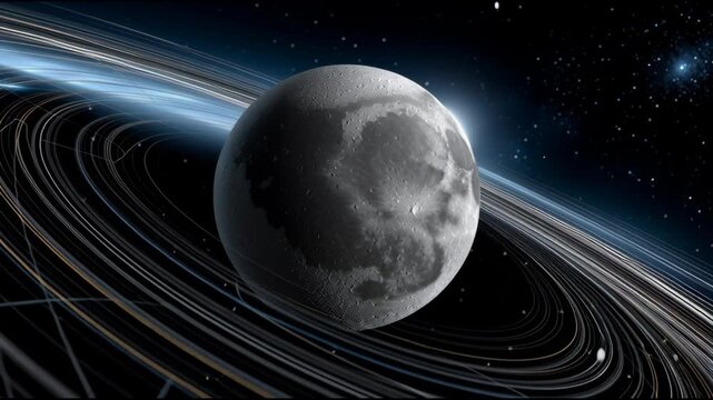 A large moon is in the center of a planet. The planet is surrounded by a ring of stars