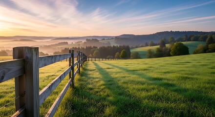 Sunrise over a grassy field with a wooden fence.